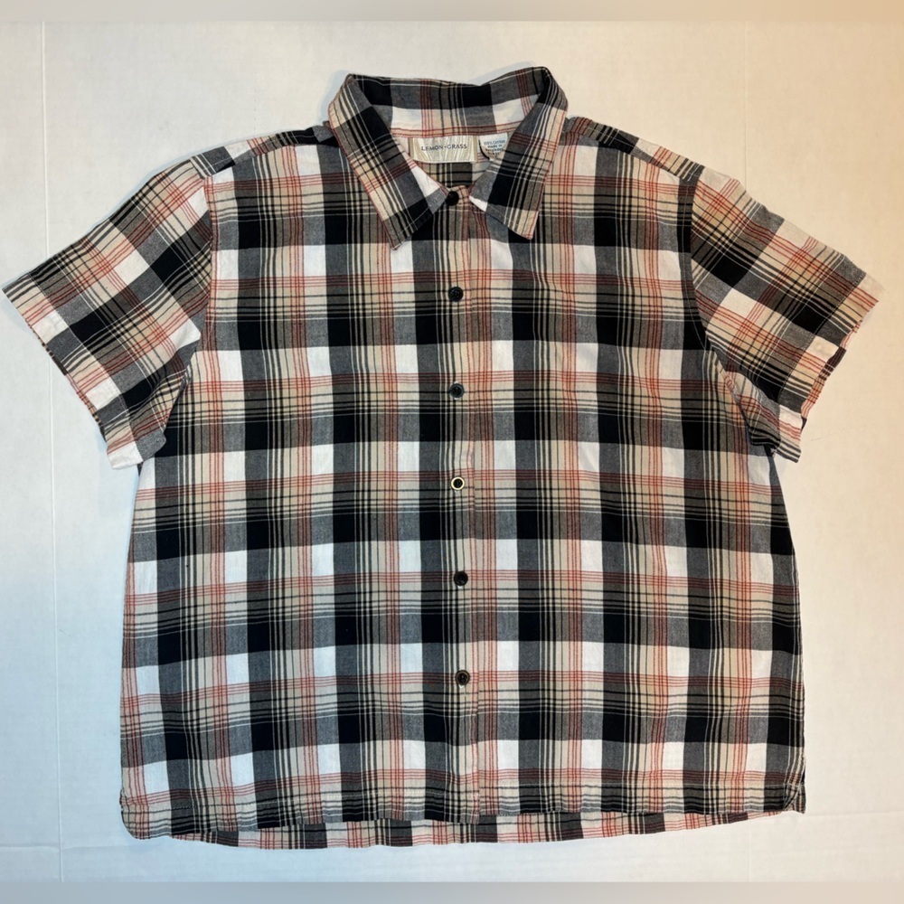 Lemongrass 100% cotton black & orange plaid short sleeve button down shirt XL